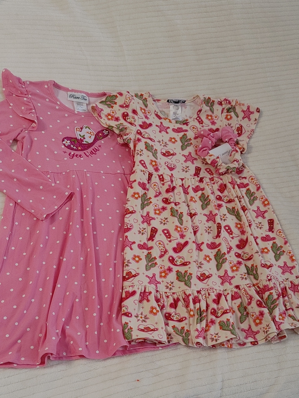 2 Girls Pink Polka Dot & Cowboy Print Dresses - Pink